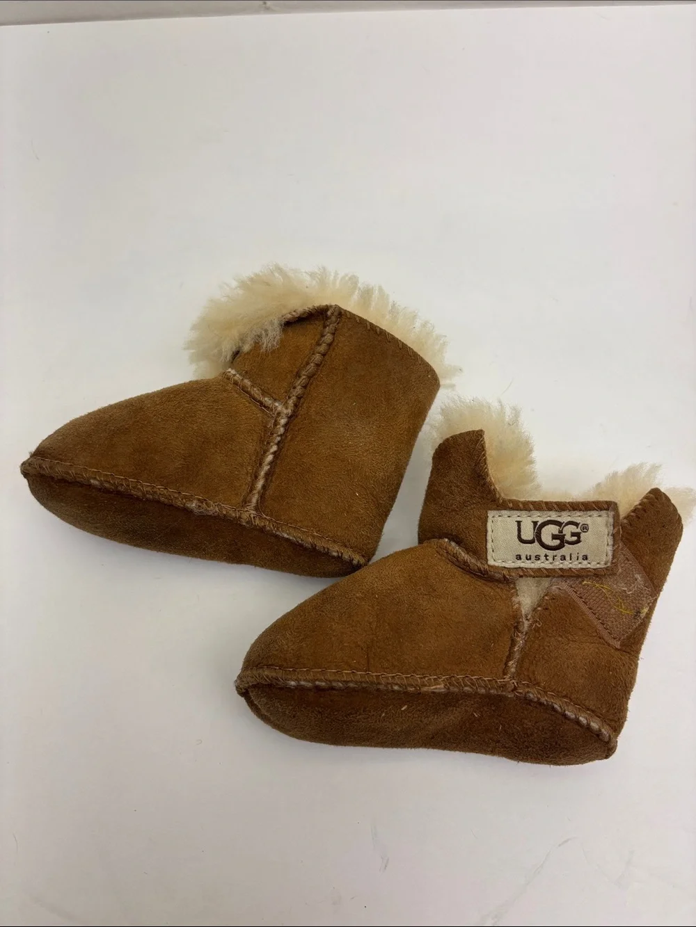 UGG Baby Suede Booties in Chestnut with Shearling Trim, SZ S, box 73